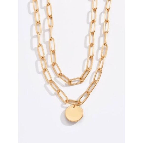 GOLD PLATED LAYERED LINK NECKLACE WITH HANGING ROUND CHARM - Picture 5 of 5